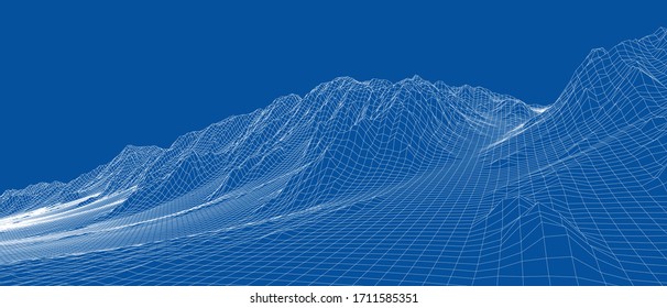Abstract 3d wire-frame landscape. Blueprint style. Vector rendering from 3D model. Geology Terrain