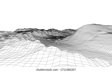 Abstract 3d wire-frame landscape. Blueprint style. Vector rendering from 3D model. Geology Terrain