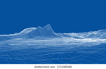 Abstract 3d wire-frame landscape. Blueprint style. Vector rendering from 3D model. Geology Terrain