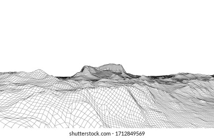 Abstract 3d wire-frame landscape. Blueprint style. Vector rendering from 3D model. Geology Terrain