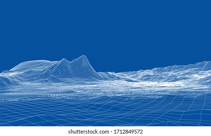 Abstract 3d wire-frame landscape. Blueprint style. Vector rendering from 3D model. Geology Terrain