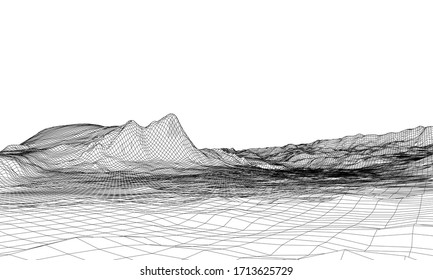 Abstract 3d wire-frame landscape. Blueprint style. Vector rendering from 3D model. Geology Terrain