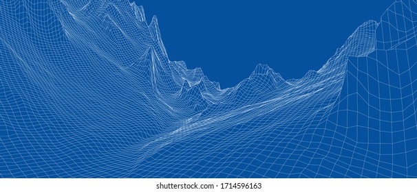 Panorama abstracto del bastidor de alambre 3d. Estilo Blueprint. Representación vectorial del modelo 3D. Terreno geológico