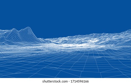 Abstract 3d wire-frame landscape. Blueprint style. Vector rendering from 3D model. Geology Terrain