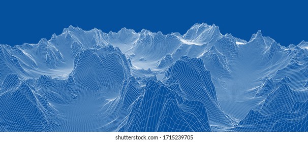 Abstract 3d wire-frame landscape. Blueprint style. Vector rendering from 3D model. Geology Terrain