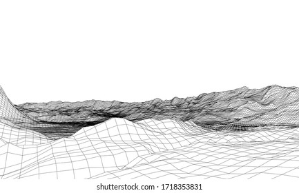 Abstract 3d wire-frame landscape. Blueprint style. Vector rendering from 3D model. Geology Terrain