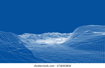 Abstract 3d wire-frame landscape. Blueprint style. Vector rendering from 3D model. Geology Terrain