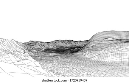 Panorama abstracto del bastidor de alambre 3d. Estilo Blueprint. Representación vectorial del modelo 3D. Terreno geológico