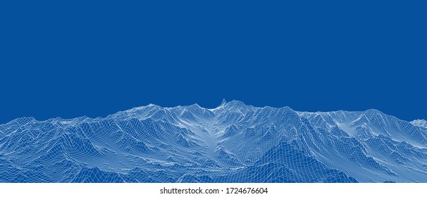 Abstract 3d wire-frame landscape. Blueprint style. Vector rendering from 3D model. Geology Terrain