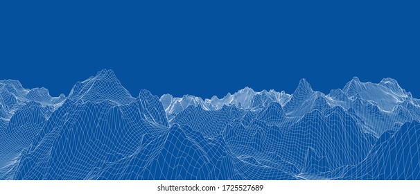 Abstract 3d wire-frame landscape. Blueprint style. Vector rendering from 3D model. Geology Terrain