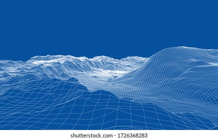 Abstract 3d wire-frame landscape. Blueprint style. Vector rendering from 3D model. Geology Terrain