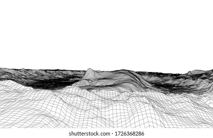 Abstract 3d wire-frame landscape. Blueprint style. Vector rendering from 3D model. Geology Terrain