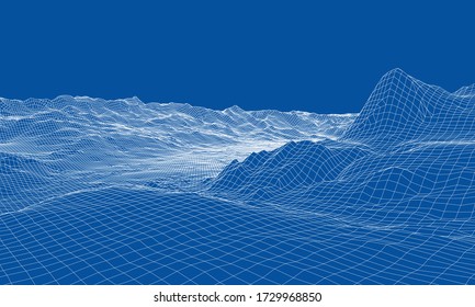 Abstract 3d wire-frame landscape. Blueprint style. Vector rendering from 3D model. Geology Terrain