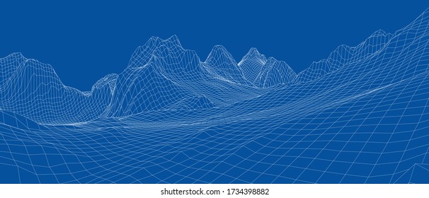 Abstract 3d wire-frame landscape. Blueprint style. Vector rendering from 3D model. Geology Terrain