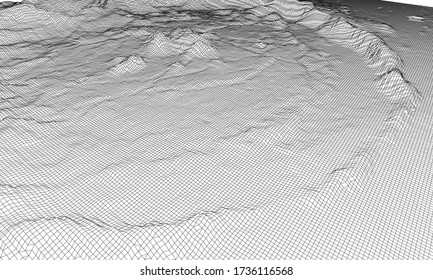 Abstract 3d wire-frame landscape. Blueprint style. Vector rendering from 3D model. Geology Terrain