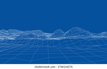 Abstract 3d wire-frame landscape. Blueprint style. Vector rendering from 3D model. Geology Terrain