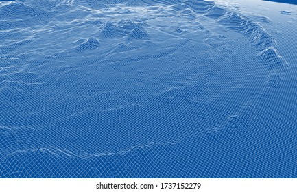 Abstract 3d wire-frame landscape. Blueprint style. Vector rendering from 3D model. Geology Terrain