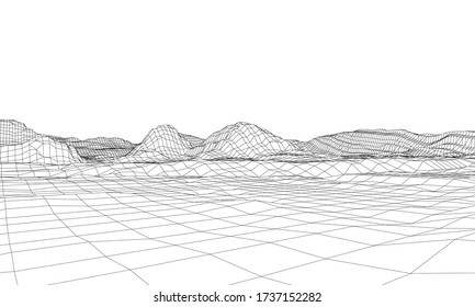 Abstract 3d wire-frame landscape. Blueprint style. Vector rendering from 3D model. Geology Terrain