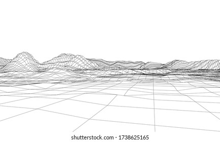 Abstract 3d wire-frame landscape. Blueprint style. Vector rendering from 3D model. Geology Terrain