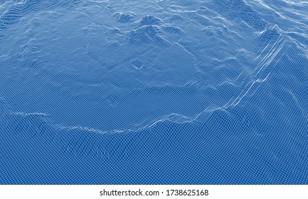 Abstract 3d wire-frame landscape. Blueprint style. Vector rendering from 3D model. Geology Terrain