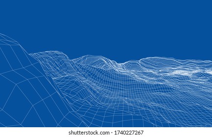 Abstract 3d wire-frame landscape. Blueprint style. Vector rendering from 3D model. Geology Terrain