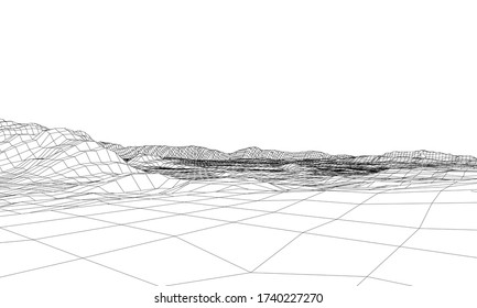 Abstract 3d wire-frame landscape. Blueprint style. Vector rendering from 3D model. Geology Terrain