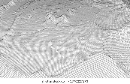 Resumen del paisaje del marco de alambre 3d. Estilo de huella azul. Representación vectorial del modelo 3D. Terreno geológico