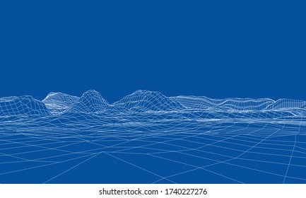 Abstract 3d Wire-frame Landscape. Blueprint Style. Vector Rendering From 3D Model. Geology Terrain