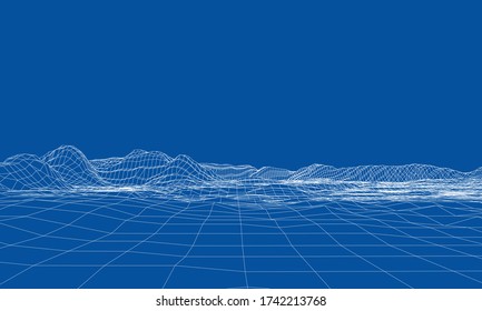 Abstract 3d wire-frame landscape. Blueprint style. Vector rendering from 3D model. Geology Terrain