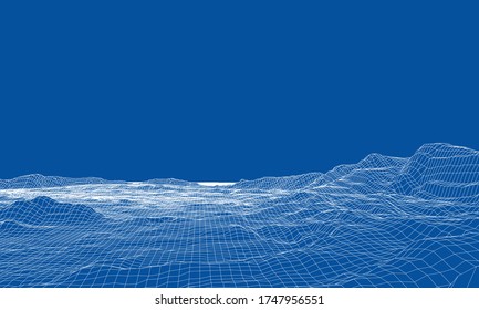 Abstract 3d wire-frame landscape. Blueprint style. Vector rendering from 3D model. Geology Terrain