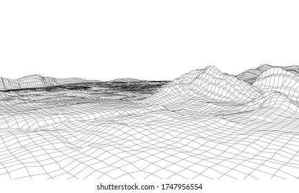 Abstract 3d wire-frame landscape. Blueprint style. Vector rendering from 3D model. Geology Terrain