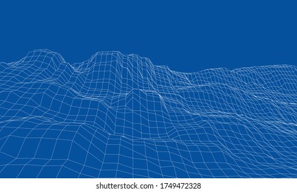 Abstract 3d wire-frame landscape. Blueprint style. Vector rendering from 3D model. Geology Terrain