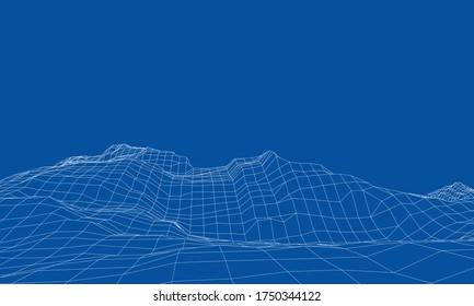 Abstract 3d Wire-frame Landscape. Blueprint Style. Vector Rendering From 3D Model. Geology Terrain