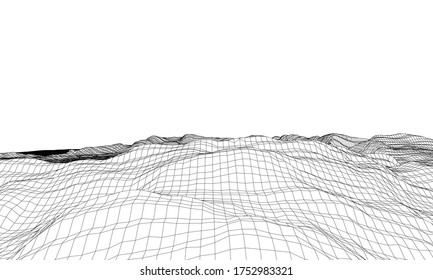 Abstract 3d wire-frame landscape. Blueprint style. Vector rendering from 3D model. Geology Terrain