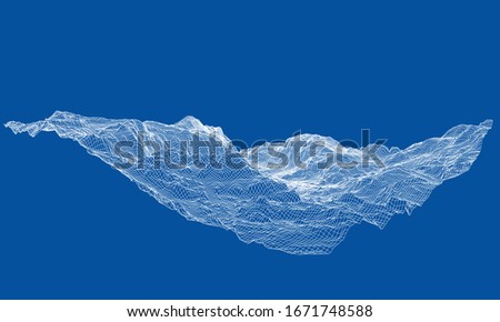 Abstract 3d wire-frame landscape. Blueprint style. Vector rendering from 3D model. Geology Terrain