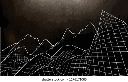 Abstract 3d wireframe landscape grid with text on black background. Vector illustration