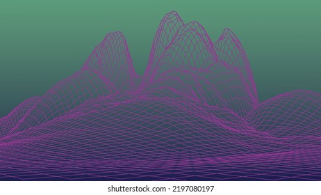 Abstract 3d Wireframe Landscape Grid With Text On Color Background. Vector Illustration