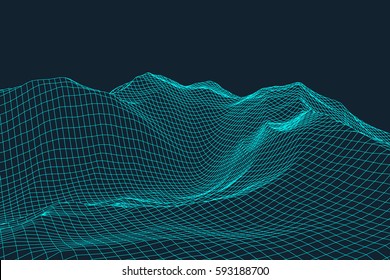 Abstract 3d wireframe landscape grid on color background. Vector illustration