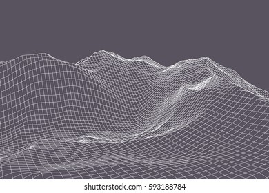 Abstract 3d wireframe landscape grid on color background. Vector illustration