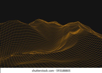 Abstract 3d wireframe landscape grid on color background. Vector illustration