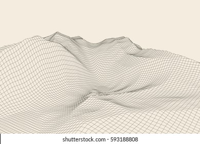 Abstract 3d wireframe landscape grid on color background. Vector illustration