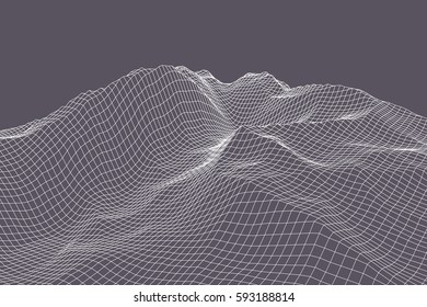 Abstract 3d wireframe landscape grid on color background. Vector illustration