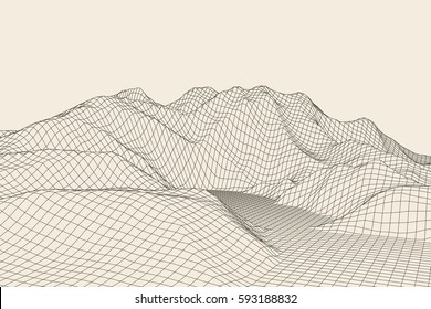 Abstract 3d Wireframe Landscape Grid On Color Background. Vector Illustration