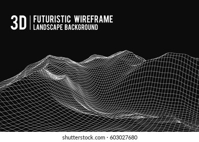 Abstract 3d wireframe landscape grid with text on color background. Vector illustration