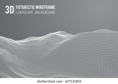 Abstract 3d wireframe landscape grid with text on grey background. Vector illustration
