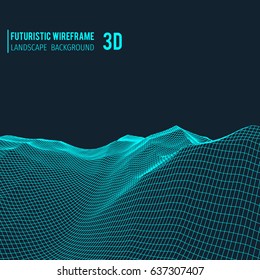 Abstract 3d wireframe landscape grid with text on blue background. Vector illustration