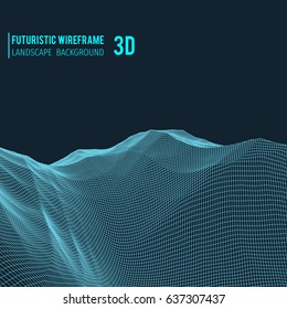 Abstract 3d wireframe landscape grid with text on blue background. Vector illustration