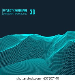 Abstract 3d wireframe landscape grid with text on blue background. Vector illustration