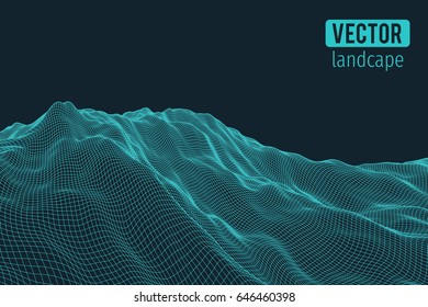 Abstract 3d wireframe landscape grid with text on blue background. Vector illustration