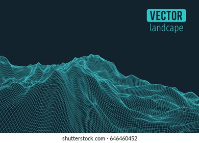 Abstract 3d wireframe landscape grid with text on blue background. Vector illustration
